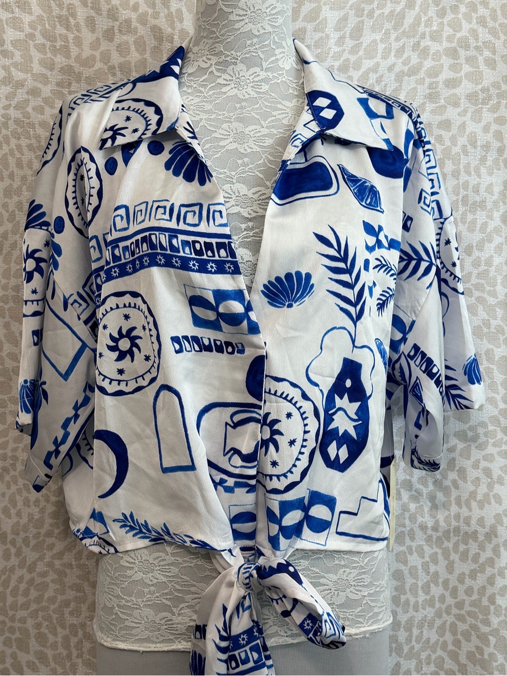 Blue & White Printed Tie-Front Blouse